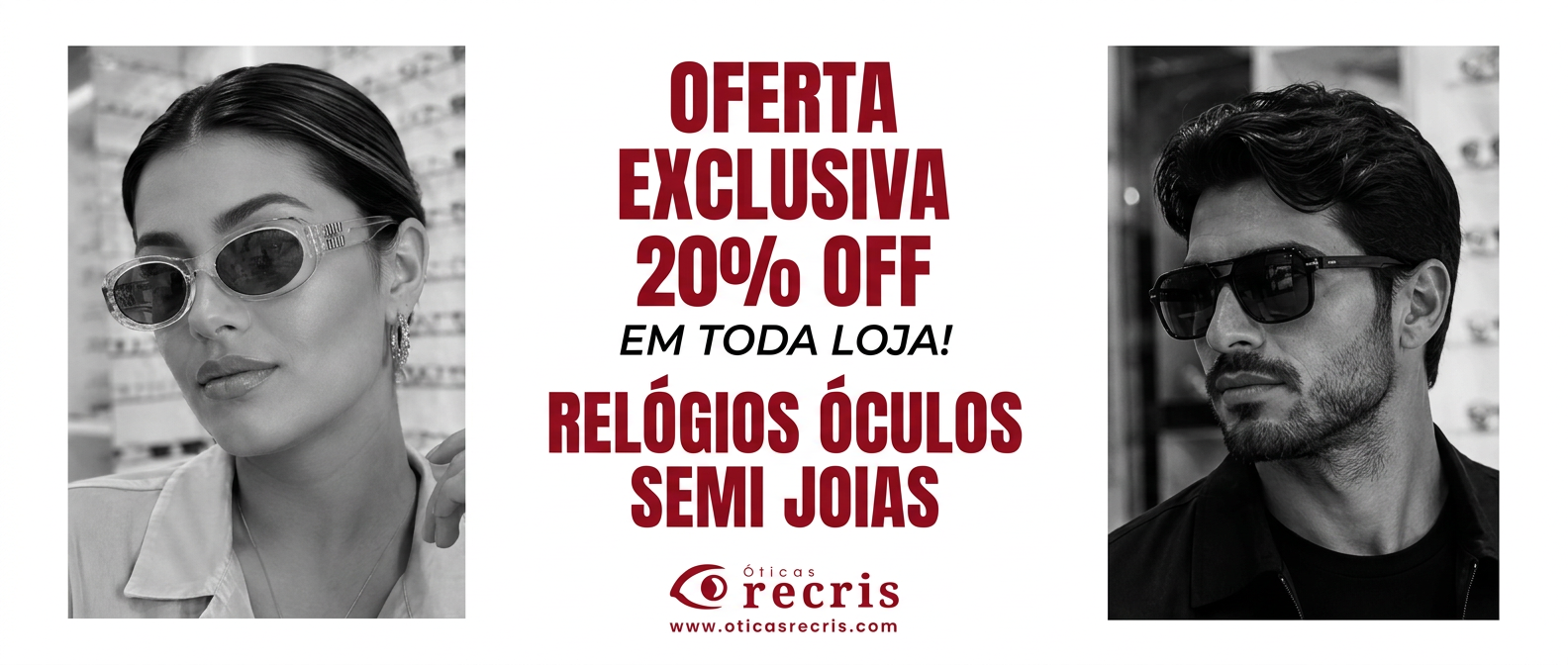 Oferta exclusiva: 20% OFF em toda loja — relógios, óculos e semijoias